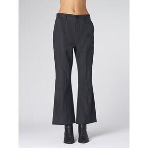 The Great. The Bell Trousers Cotton Wool Pinstripe Wide Leg Flare Black Crop 26